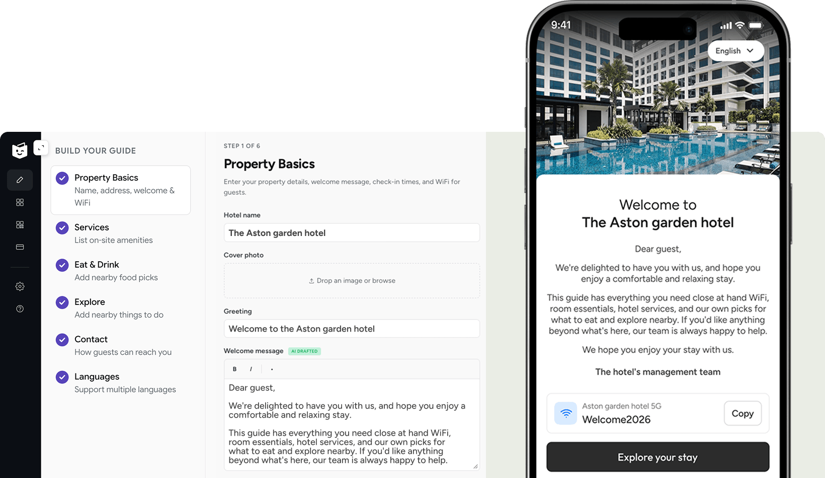 Guía digital de huéspedes Goloby en una habitación de hotel